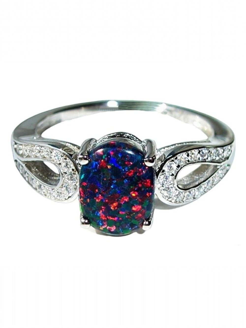 925 STERLING SILVER Lab Created Black Fire Opal & Cubic Zirconia Ring